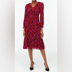 J.CREW FACTORY TIERED MIDI DRESS V-NECK RUFFLE FLORAL RED BLACK SIZE 12